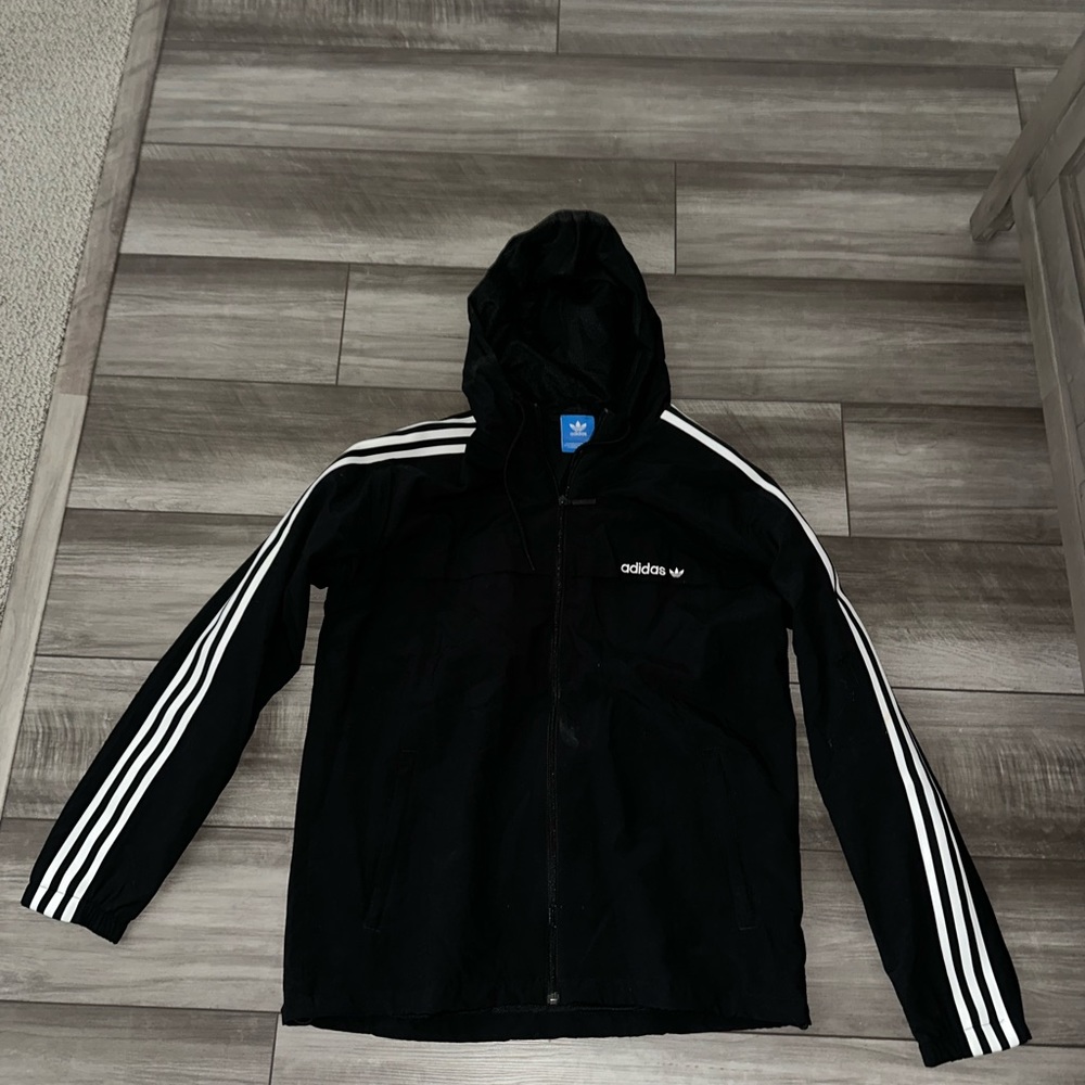 Adidas Black and White Windbreaker Sweater with Signature Stripes